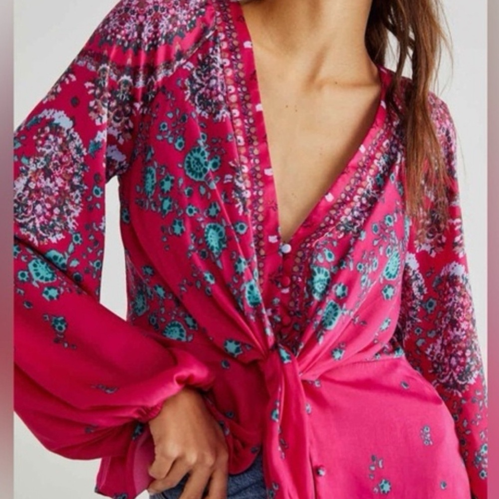 Free People Fuchsia Floral Tie-Front Blouse